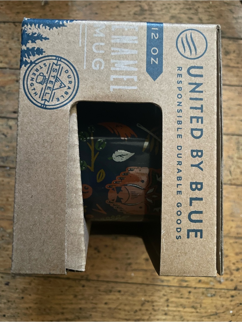 Brand new United By Blue 12oz Enamel Mug - Navy with Buffalo Bear Eagle